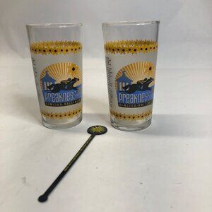 2 Preakness 128 Stakes 2003 Pimlico‎ Baltimore Souvenir Glass Cup with Stirrer